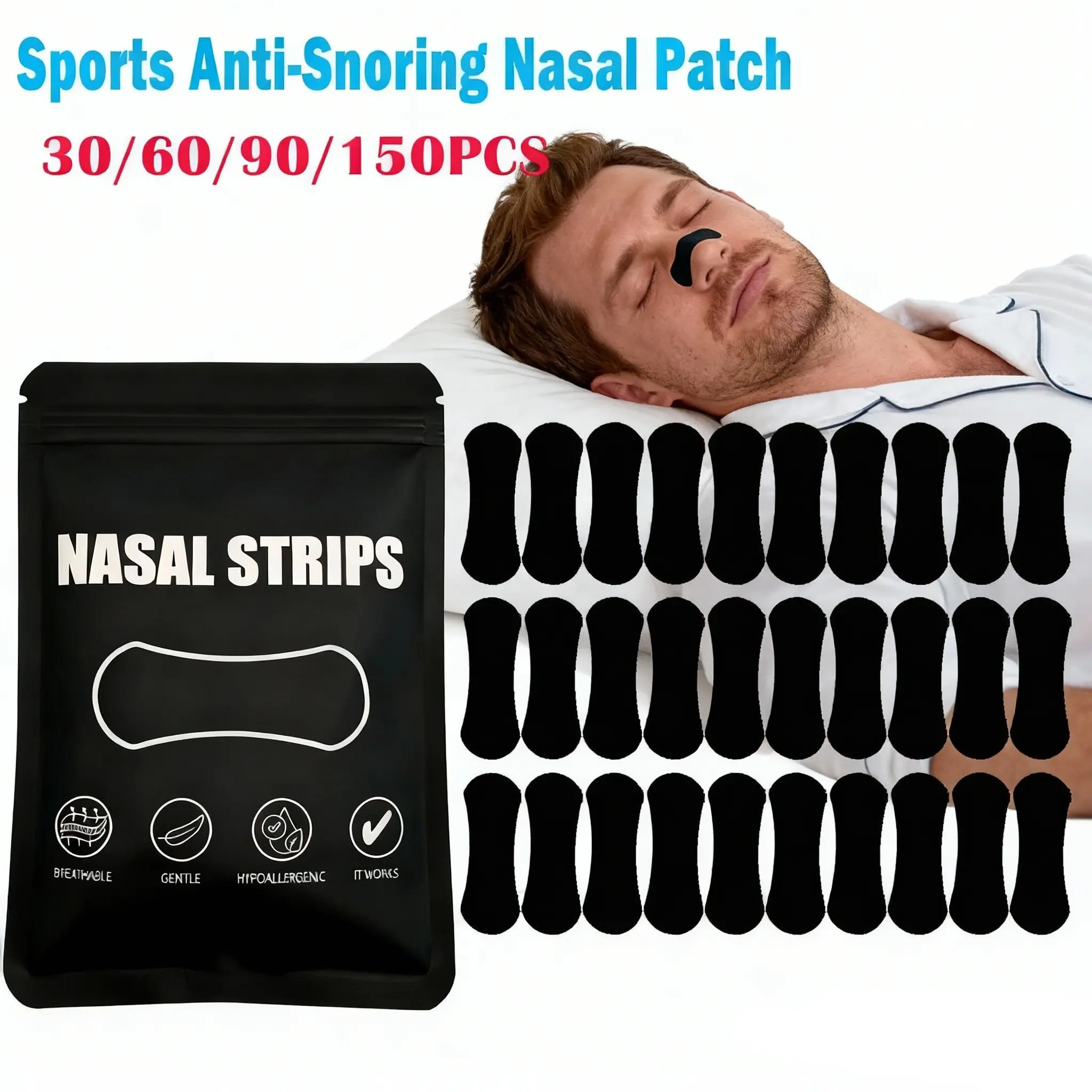Strong Adhesive Sports Nasal Strips, Anti-Snoring Snore Stopper Physically Relieves Breathing, Expands Airflow, Improves Sleep, Gentle Micro-Pores Night