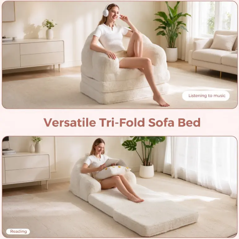 Tri-Fold Floor Sofa Bed, Convertible Folding Lazy Floor Chair, Plush Adjustable Sleeper Sofa for Bedroom, Living Room, Gaming Room