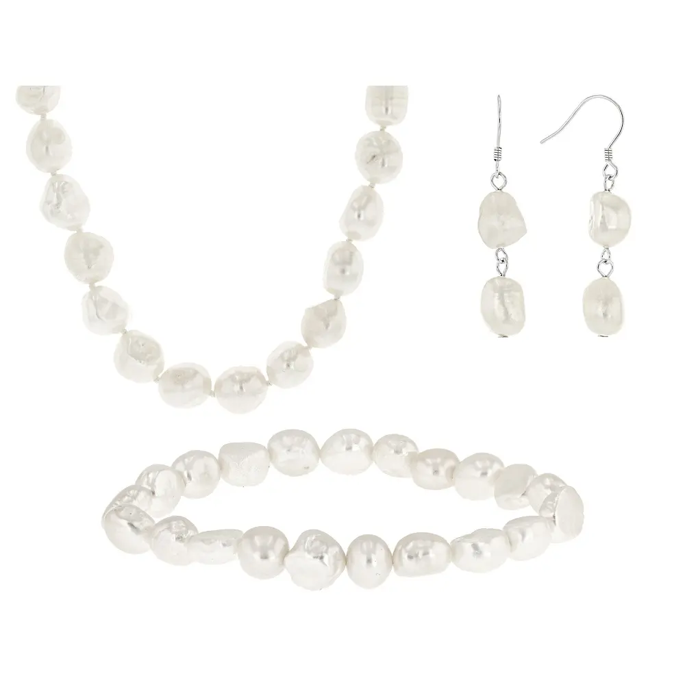 JTV White Cultured Freshwater Pearl Rhodium Over Silver 18 Inch Strand, Earrings, & Bracelet Set