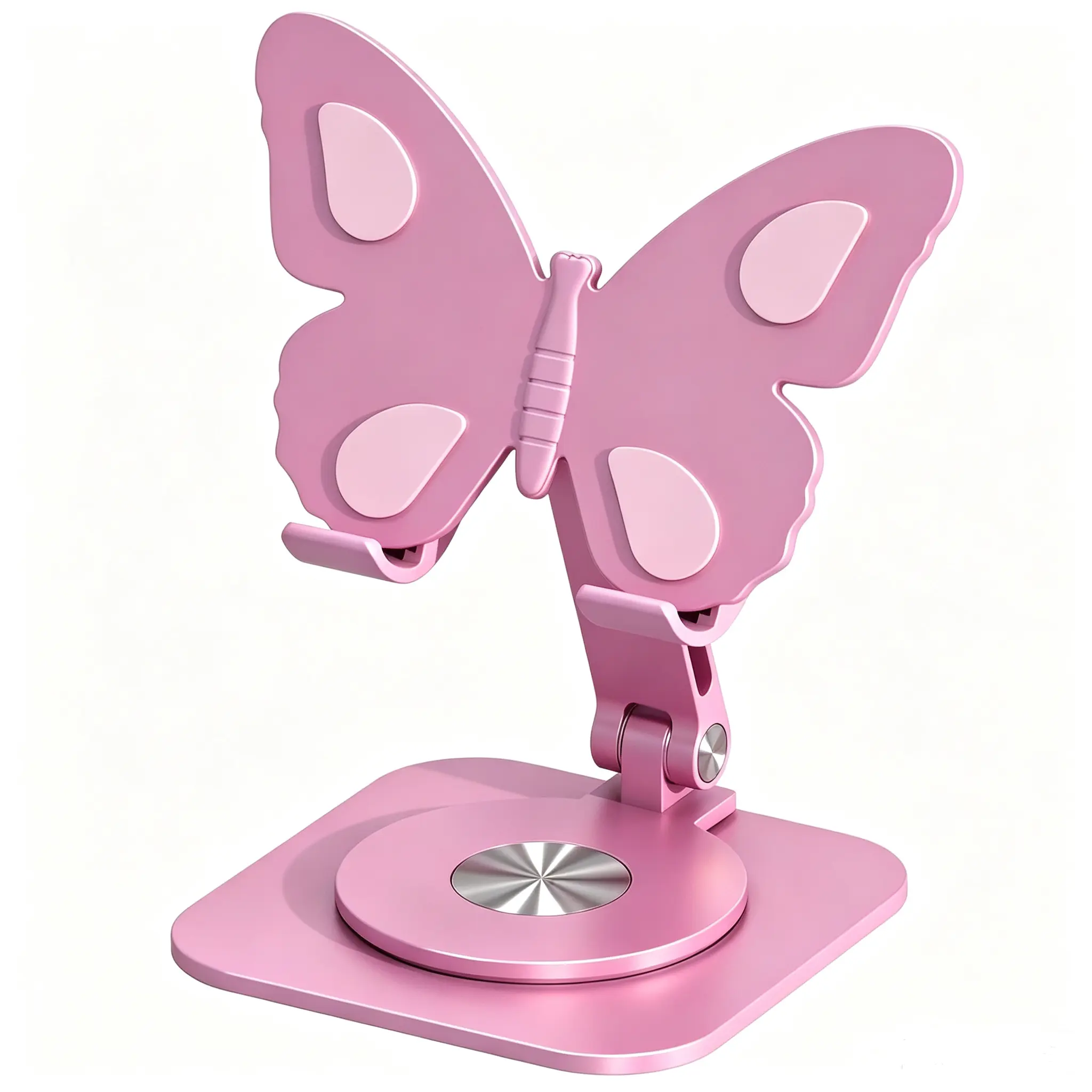 Pink Butterfly Aluminum Alloy Cell Phone Stand - 360-Degree Rotatable, Height & Angle Adjustable, Foldable, Anti-Slip Universal Dock for Smartphones & Tablets, Portable Home Accessories for Home & Office Use