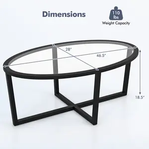 COSTWAY - Glass Coffee Table Oval Living Room Table with Cross Base and Acacia Wood Legs-Black