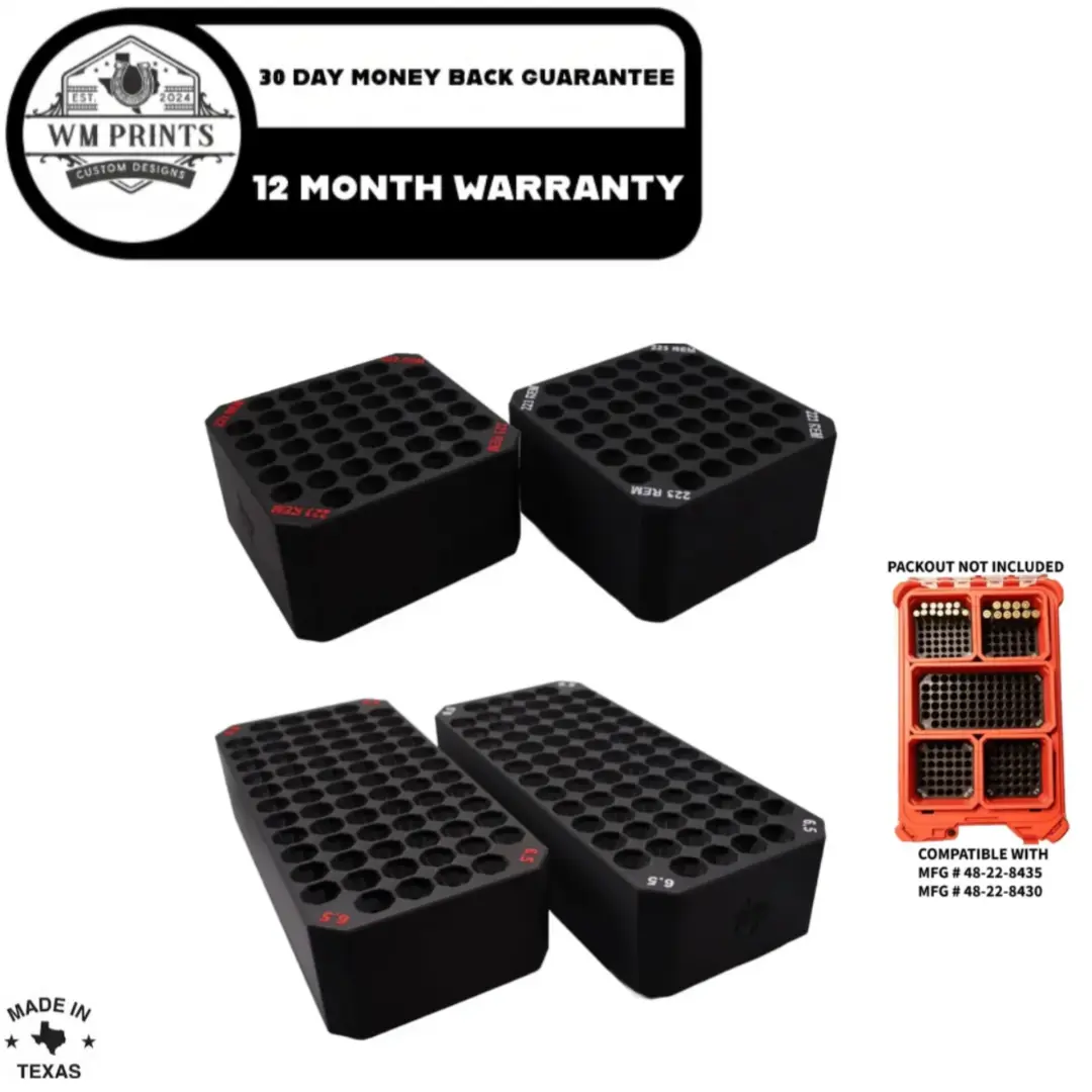 3D-Printed PLA PRO Ammo Tray Insert for Packout 48-22-8435 & 48-22-8430, Customizable Text Organizer, Secure Fit, Heat-Resistant, Lifetime Warranty