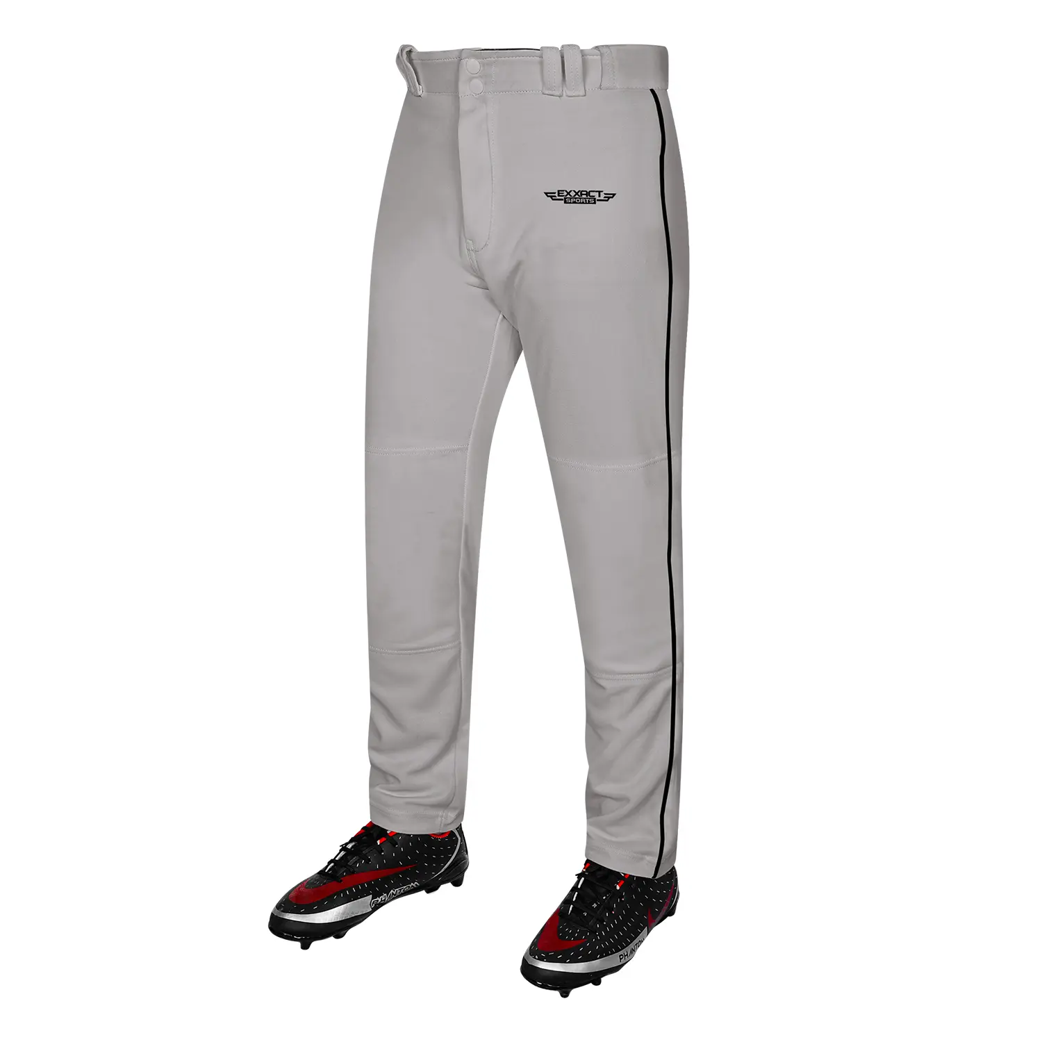 Exxact Sports Men's Full-Length Semi-Relaxed Fit Open-Bottom Piped Baseball & Softball Pants - Elastic Waist, Polyester Knit, Breathable, Lightweight, Rip-Tear Resistant, Moisture-Wicking, Quick-Dry, Machine-Washable, Grey/Black Piping, Standard Sizing, M