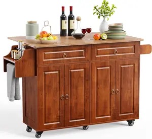 Kitchen Island with Drop Leaf and Storage, on Wheels Two Drawers, Large Storage Cabinet, Towel Rack Spice Cart Brown Modern Sideboard
