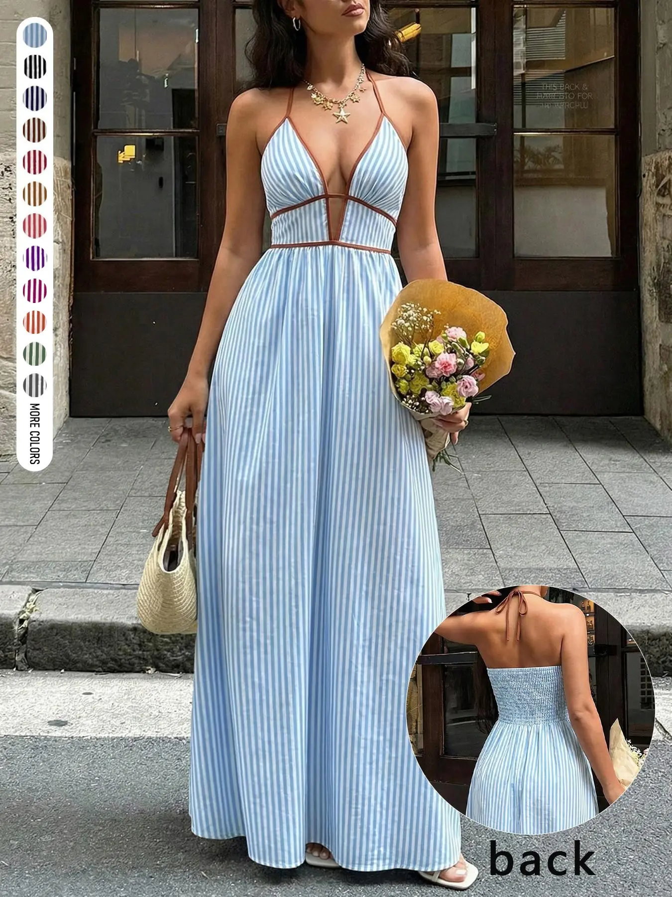 Women's Summer Everyday French Vintage Sweet Chic Striped Color Block Cutout Backless Tie Halter Neck Deep V Spaghetti Strap Sleeveless Maxi Dress, Casual Light Sundress, Casual Wear, Home Outdoor Urban Trend Casual