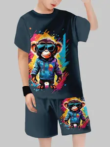 Boys' Summer Short Sleeve Shorts Set, Casual Fitted Design, Random Print Pattern, Perfect for Daily Wear & Outdoor Activities