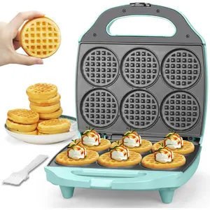 Multi Mini Waffle Maker Machine, 6 x 3'' Small Waffle Iron,  for Families and Individuals Use, Excellent Choice for Breakfast Brunch Parties & Events, Aqua