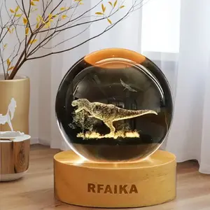 3D Dinosaur Laser-Engraved Crystal Ball Lamp, 6cm Ultra-Clear Optical Crystal, LED Lighting Wooden Base with 10 Brightness Modes, USB-Powered Adjustable Decorative Night Light, Kids Gift, Home Desk Decor