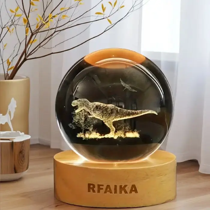 6cm Ultra-Clear Optical 3D Laser-Engraved Dinosaur Crystal Ball Decorative Night Light - Dimmable LED Lights Wooden Base with 10 Brightness Modes, USB-Powered Museum-Quality Artwork, Kids Gifts for Bedrooms, Graduations, Valentine's Day Home Desk Decor, M