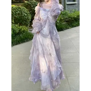 ChromaChic LEE Elegant Off Shoulder Dress Women Long Sleeve A Line Butterfly Embroidery Ruffled Hem Tulle Autume Formal Casual Lightweight  Feminine