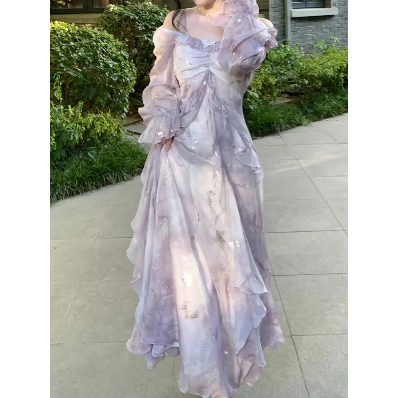 Women's Elegant Solid Woven Butterfly Casual Dress - Off-Shoulder Long-Sleeve Polyester Fabric Gown with Ruffled Tiered Layer, Regular Fit, A-Line Flare, Easy Grace