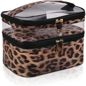 Leopard Print PVC Transparent Dual-Layer Storage Bag, Large Capacity Waterproof Makeup Bag, Portable Cosmetic Organizer Pouch, Travel Cosmetic Bags, Zipper