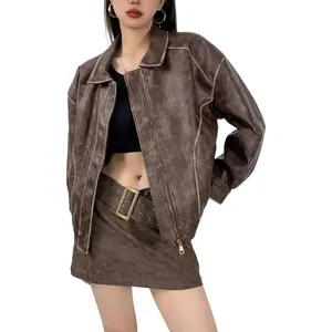 Women's Fall Distressed Faux Leather Bomber Jacket Motorcycle Oversized Leather Jacket