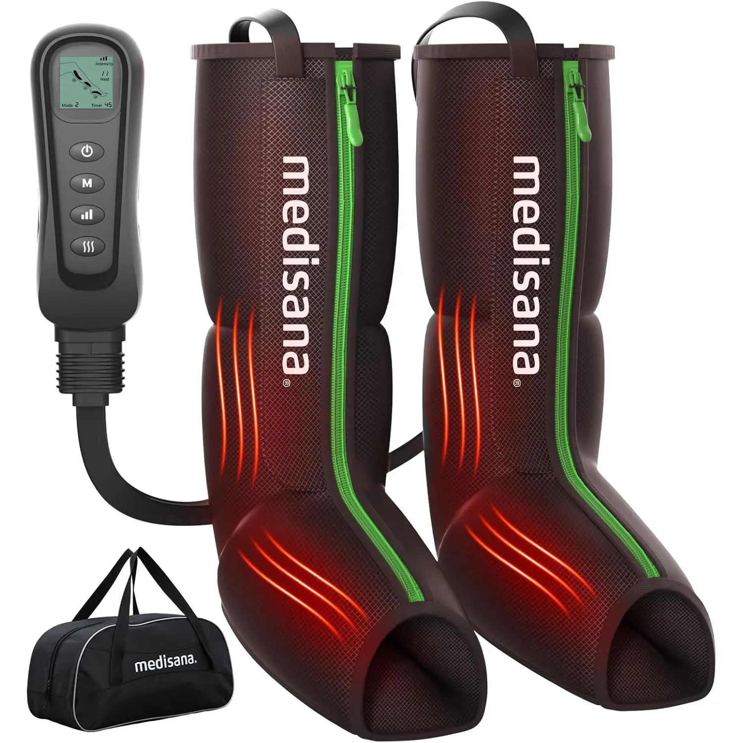Medisana Leg Compression Massager - LCD Screen Leg Care Massage Device, Circulation Aid with Heat, 4 Modes, 4 Pressure Levels, 3 Timers for Edema, Swelling & Pain Relief