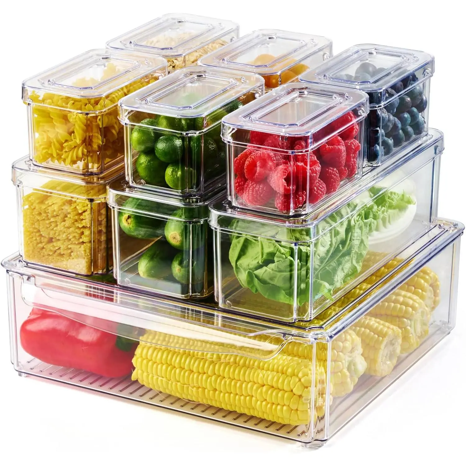 10 Pack Clear Fridge Organizer, Stackable Refrigerator Organizer Bins with Lids, Fridge Storage Containers for Kitchen, , Cabinets, Fruits, Vegetables, Cereals