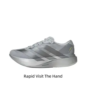 Low-top competitive racing running sneakers, full metallic silver lightweight reflective woven upper, matte silver wide diagonal stripe accents, gradient silver curved thick cushion midsole, sleek monochrome fit for track races & speed training.
