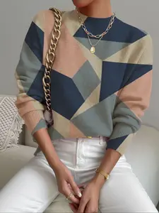 Women's Geometric Colorblock Print Stand Collar Fitted Sweater, Fall Winter Casual Long Sleeve Knitwear, Comfortable Warm Daily Wear