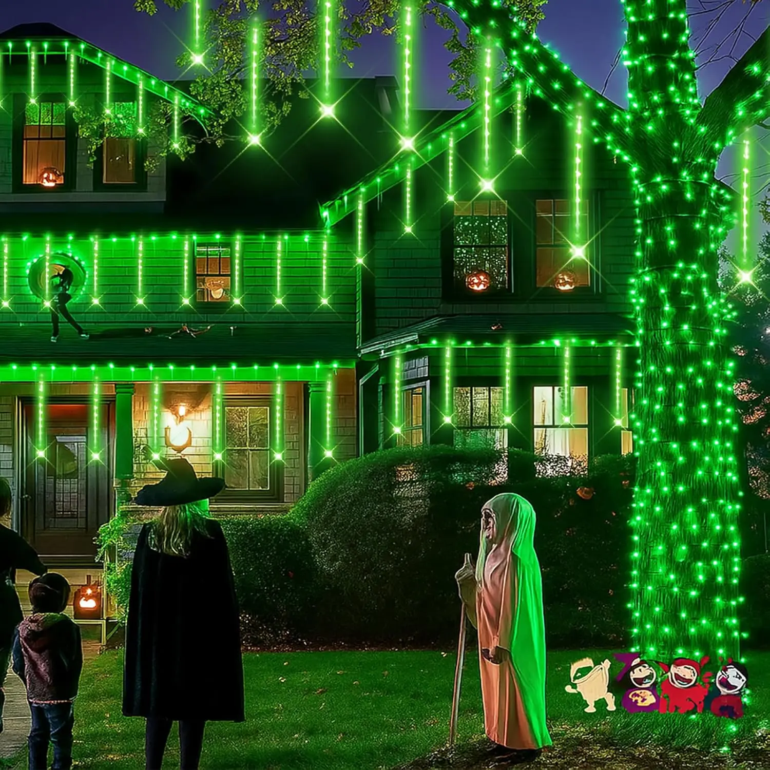 Green Icicle Lights, 16 Tubes Meteor Shower Lights(Equivalent to 2 Sets of 8-Tube) for Halloween Christmas Decorations Outdoor, Green Light for Xmas St. Patrick's Day Alien Decor, UL Plug, Lighted Decorative Lights
