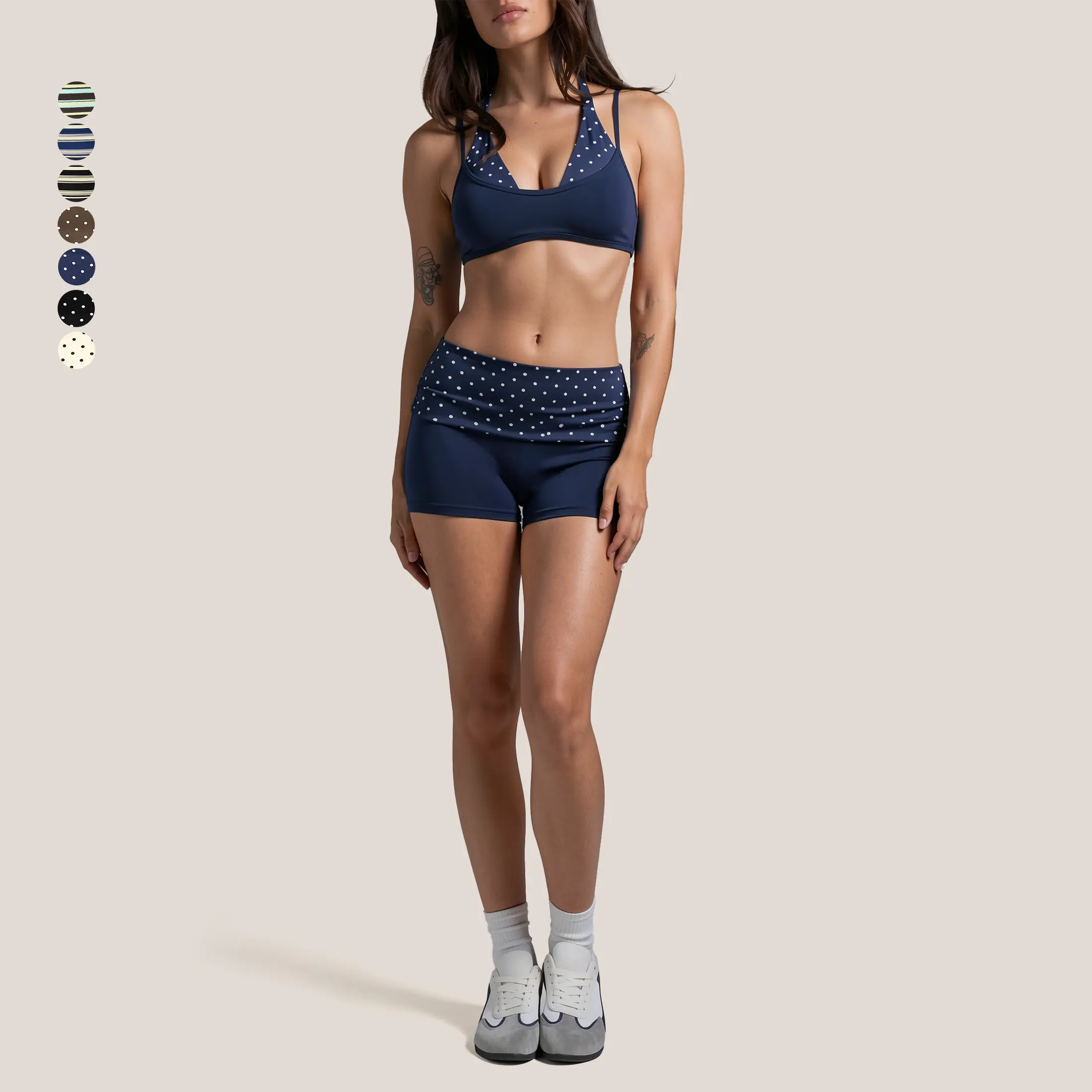GIAFIRE Women's 2-Piece Casual Yoga Outfit Ultra-stretchy, breathable and soft activewear, matched with halter spliced striped/polka dot sports bra and high-waisted hip-lifting shorts. Suitable for Pilates, gym training and daily wear.