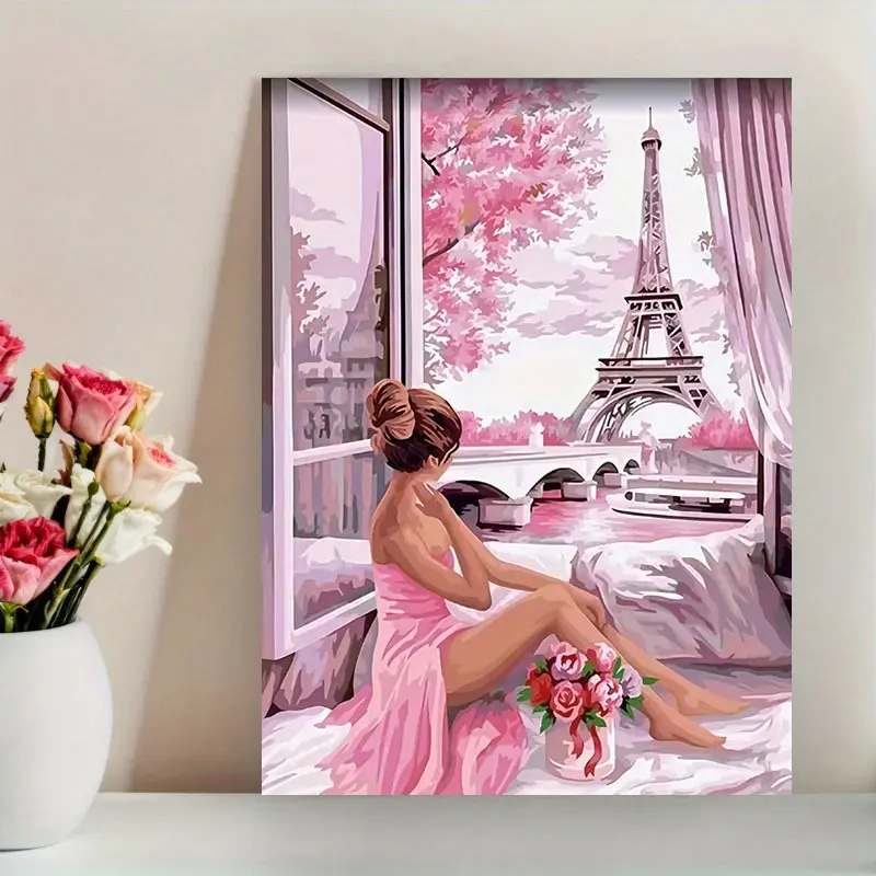 1 piece frameless canvas painting, elegant woman admiring pink Paris, travel fashion wall art decoration, unique creative wall art decoration, living room, bedroom, office, restaurant, bar wall decoration, artwork, perfect gift and decoration, 12X 16inch