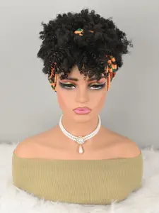 Curly Wigs Headband Wig, Half Short Synthetic Wig with Headband, Attached Scarf, Stripe Turban Wrap, Short Kinky Deep Hair Style, Natural Looking Wig