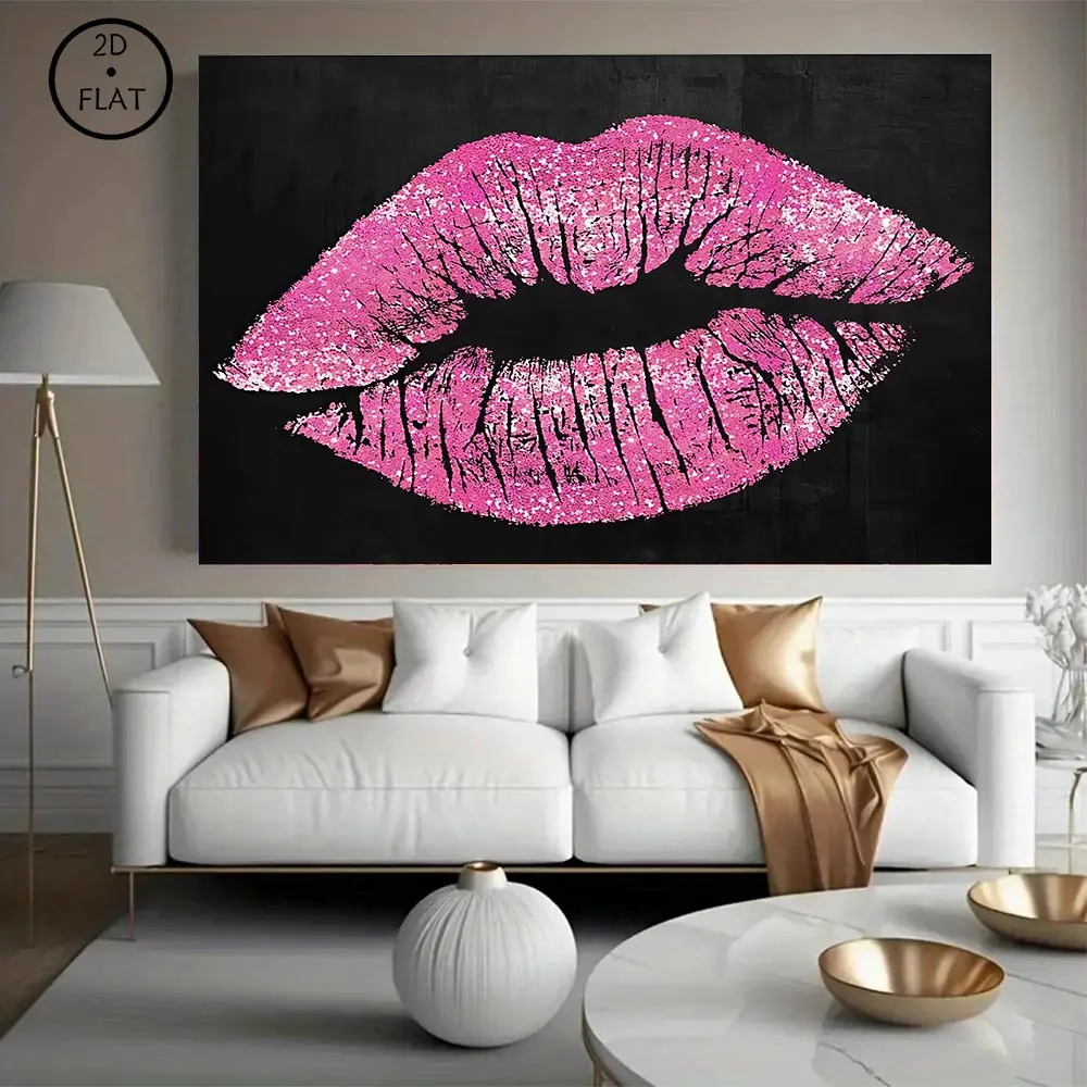 Artistic Gallery-Wrapped Canvas Print, Fashion Glam Black and Pink Sexy Lips Wall Art, Home Decor for Living Room & Bedroom, Posters & Prints Home Supplies