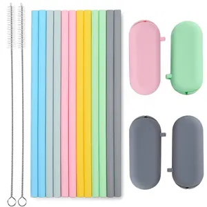 Silicone Straws Reusable - Odorless, 12 Standard Drinking Straws, 4 Carry Pouch, 2 Cleaning Brushes, Certificated Food Grade Platinum Silicone - 8 1/2" Long