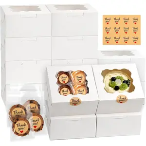 12 count Cookie Boxes with Window, 6x6x3 Inches White Bakery Boxes,  Boxes with 50 count Cookie Bags and 12 count Stickers, for Dessert Pastry  Strawberries Macarons Donut Cupcake