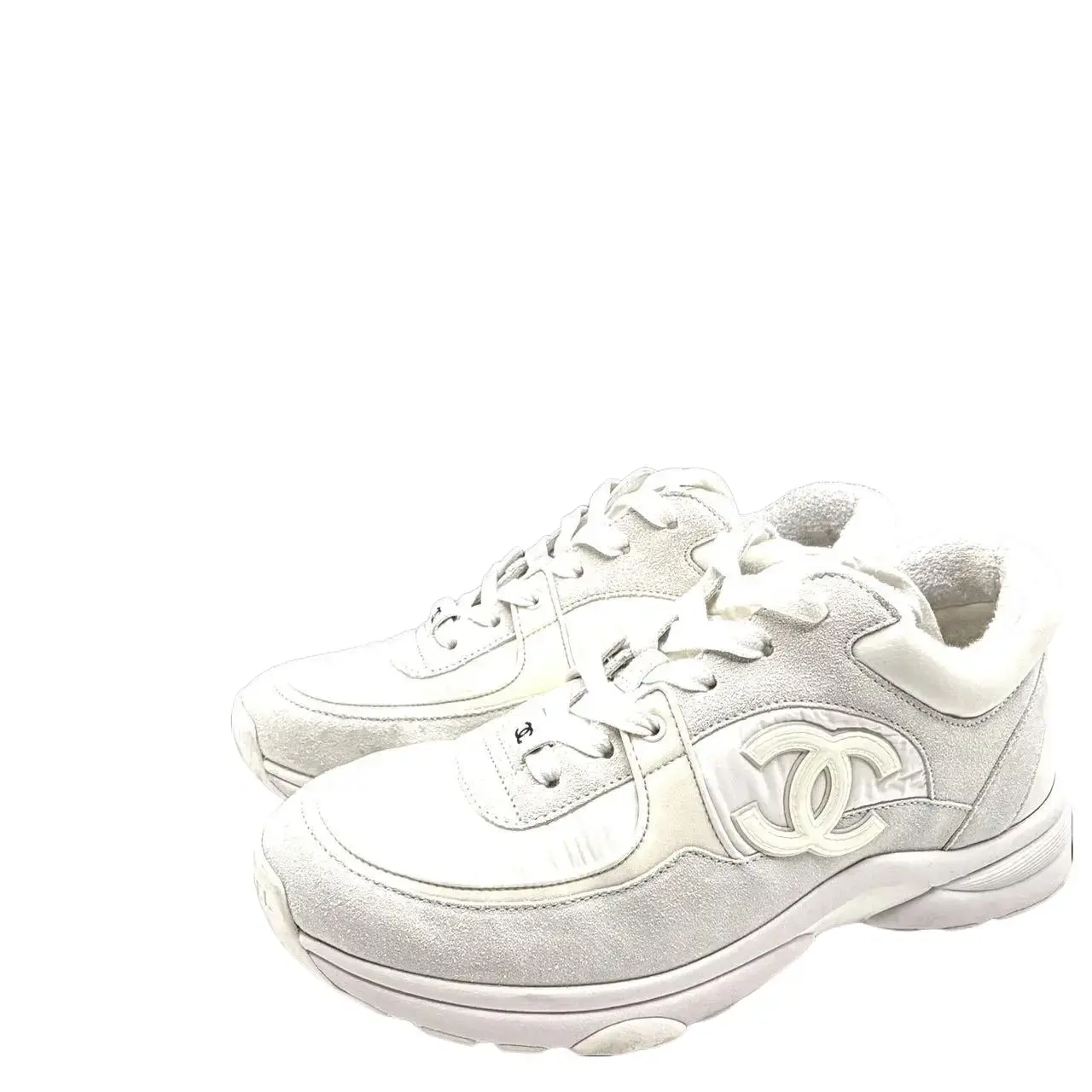 CALUXS-CHANEL Suede Calfskin Fabric CC Sneakers 38 White