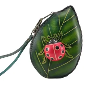 Handmade leather Ladybug with Leaf coin purse wristlet/change purse/ Wallet/Cartoon Mini Bag/Animal Small Bag