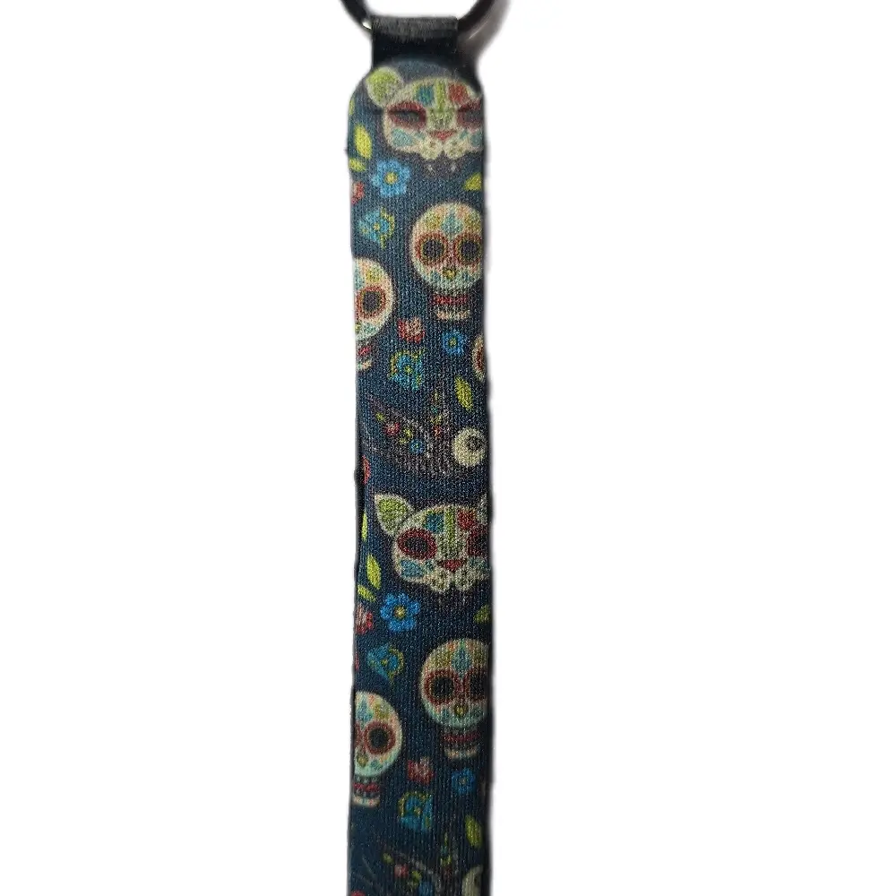 Sugar Skull Wristlet Keychain with Colorful Floral Design and Blue Strap