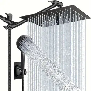 Shower Head Combo,8/10 Inch High Pressure Rain Shower Head with 11 Inch Adjustable Extension Arm and 5 Settings Handheld,Powerful Shower Spray Against Low Pressure Water with Long Hose