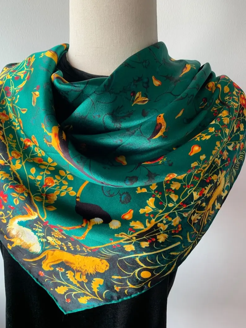 Mulberry Silk Scarf: Green Forest Animal Print Shawl (35" x 35")