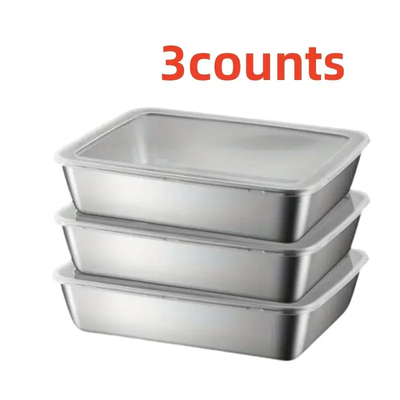 3pcs Food Grade Stainless Steel Square Tray Set, Thickened Serving Plates, Steaming Trays, Preserving Containers & Storage Containers, Multi-Purpose Kitchen Accessories, Utensils, Multipurpose Home Container