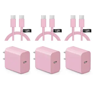 iPhone 16 15 Charger Fast Charging 10Ft - 3 Pack 20W USB C Wall Charger Block and Type C to C Cable Compatible with iPhone 16/16 Pro/16 Pro Max/iPhone 15, iPad Pro, Air 5/4,iPad 10（Pink）