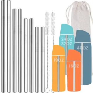 8PCS Stainless Steel Straws for Owala Water Bottle, 4 Lengths Compatible with FreeSip 19oz 24oz 32oz 40oz, Tritan 25oz, Kids’ FreeSip 16oz, with Cleaning Brush & Travel Storage Bag (Silver), Set, Portable