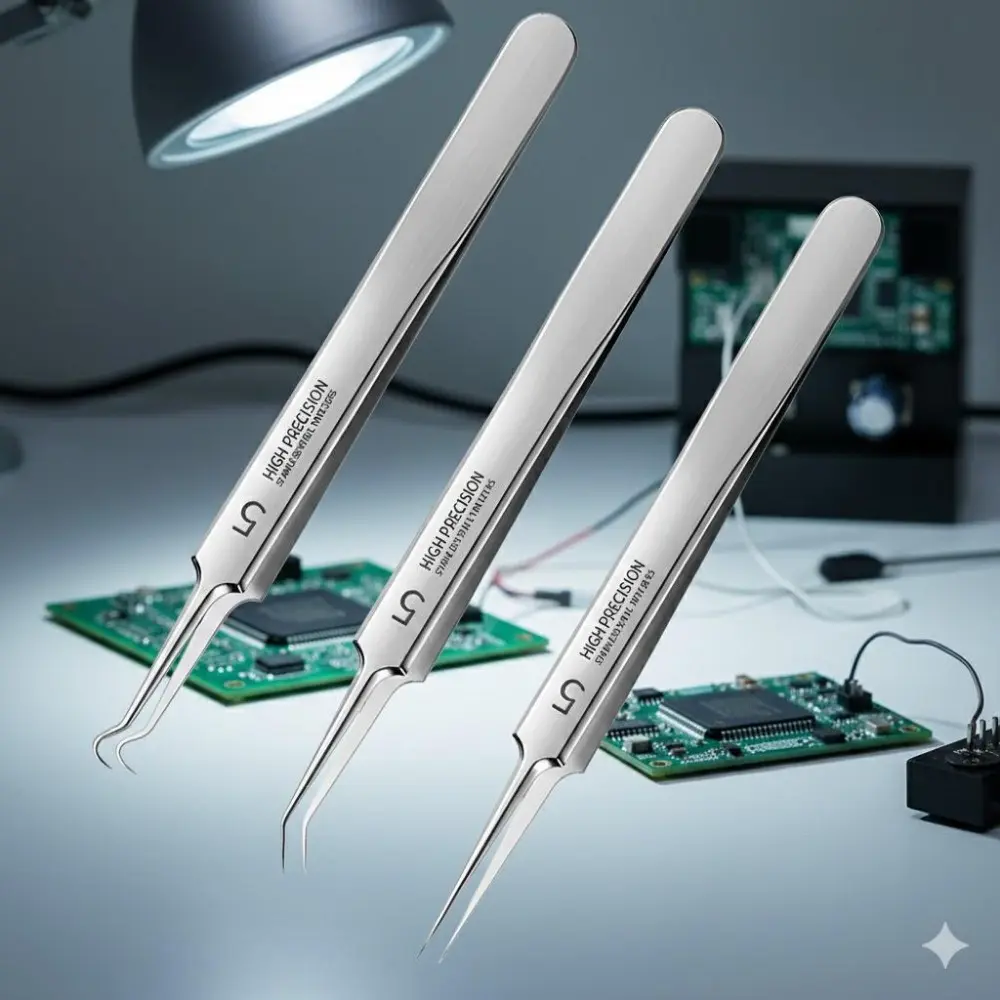 Precision Stainless Steel Tweezers for Electronics Repair, Jewelry Making & DIY Crafts. Professional Anti-Static Non-Magnetic Tips. Essential Tool for Soldering, Watch Repair, Lab Work, and Fine Industrial Use.