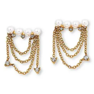 Stately Steel CZ and Simulated Pearl Chain Dangle Earrings
