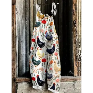 Women's Floral Rooster Print Overalls - Loose Fit Casual Jumpsuit with Adjustable Straps, White Base Vibrant & Bird Pattern, Perfect for Spring/Summer/Fall, | Overalls, Clothes Fabric Sleeve Spandex Womenswear Leg