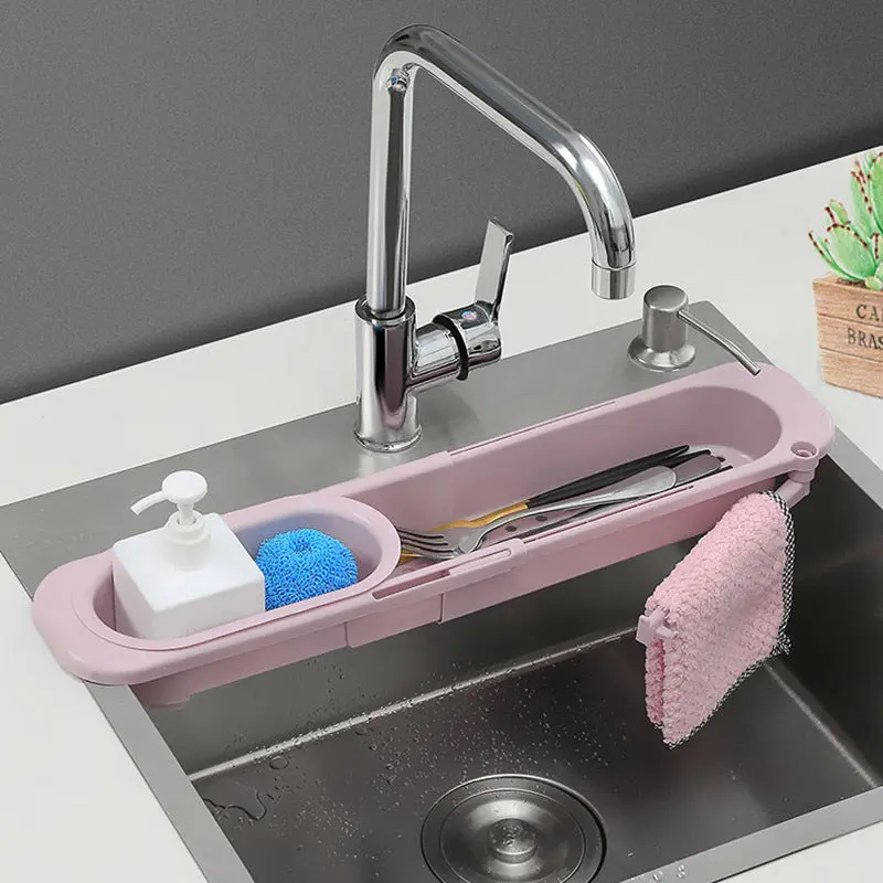 Adjustable Telescopic Sink Rack – Soap & Sponge Holder with Drainage for Kitchen Organization