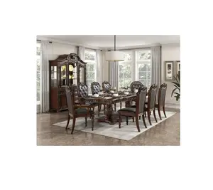 Homelegance Adelina 1468-108 7-Piece Cherry Finish Wood Dining Table Set with Double Pedestal Base & Carved Accents