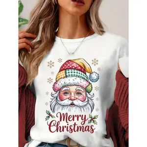 Women's T-Shirt Christmas Theme Graphic Printed Short Sleeve T-Shirt Cotton Shirt Round Neck T-Shirt Machine Washable,220g