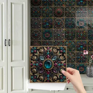 24PCS/Box NHZ Vintage Gem Theme Gemstone Relief Decorative Tile Stickers | Crystal Self Adhesive Film Peel & Stick DIY Backsplash | Waterproof Oil-Proof for Kitchen/Bathroom/Furniture/Stairs/Wall Renovation Flat Sticker Type Kitchen Bathroom Decoration