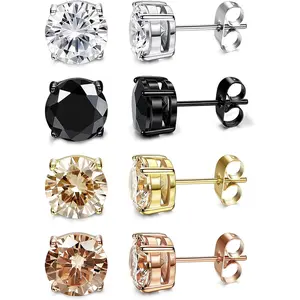 FIBO 4 Pairs Stainless Steel Stud Earrings Set for Women Men Women 5-8 mm Cubic Zirconia Inlaid Ear Studs Fashion Accessories Gift