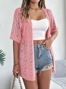 Women's Plain Hollow Out Sheer Drop Shoulder Cardigan, Casual Half Sleeve Open Front Knitwear for Summer, Fashion Women's Knit Clothing for Daily Wear