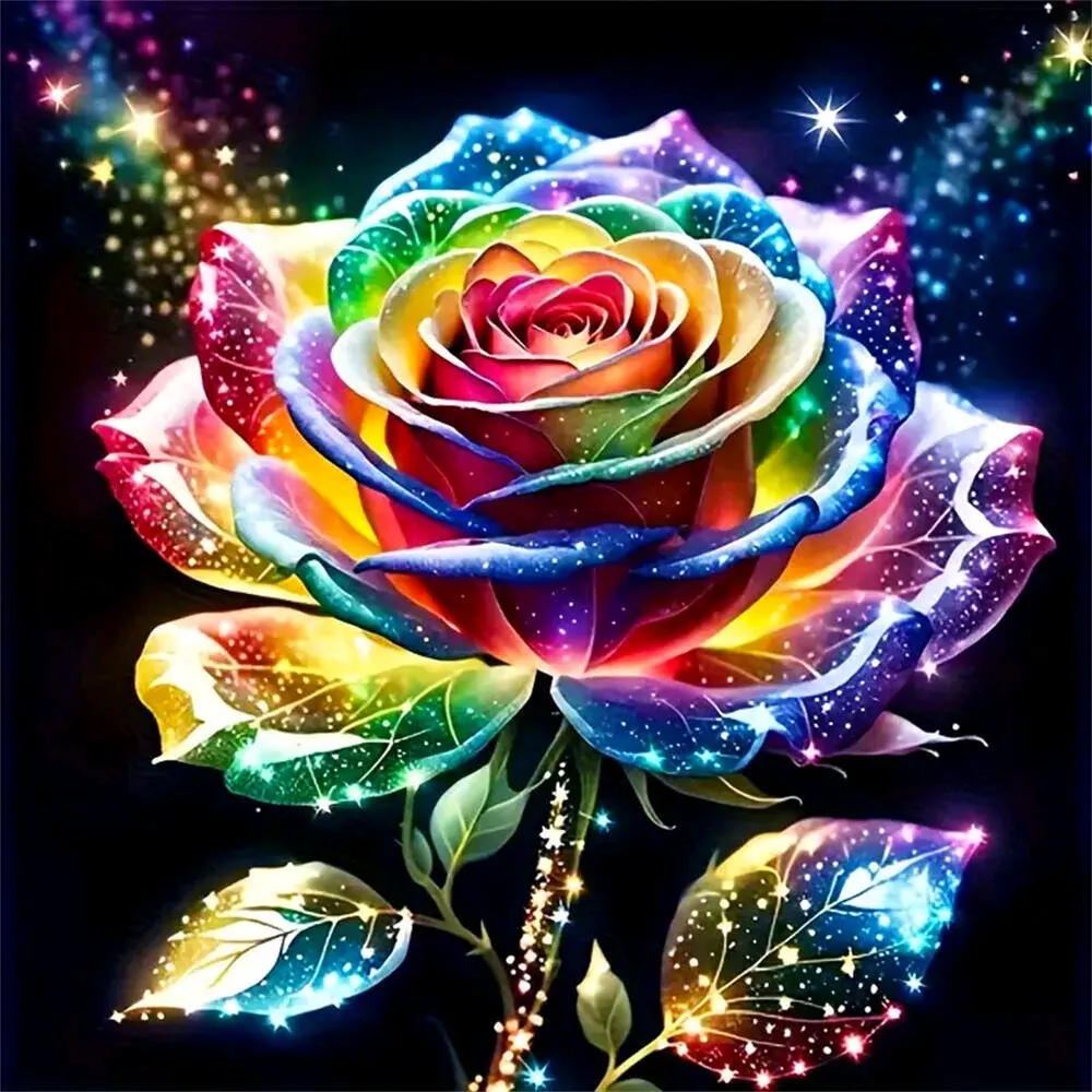 Rainbow glitter rose with starry sky background wall art, Diamond pattern design, Multiple sizes available including round diamonds, 5D DIY diamond painting set diamond art embroidery kit handmade furniture decor holiday birthday art personalized gift