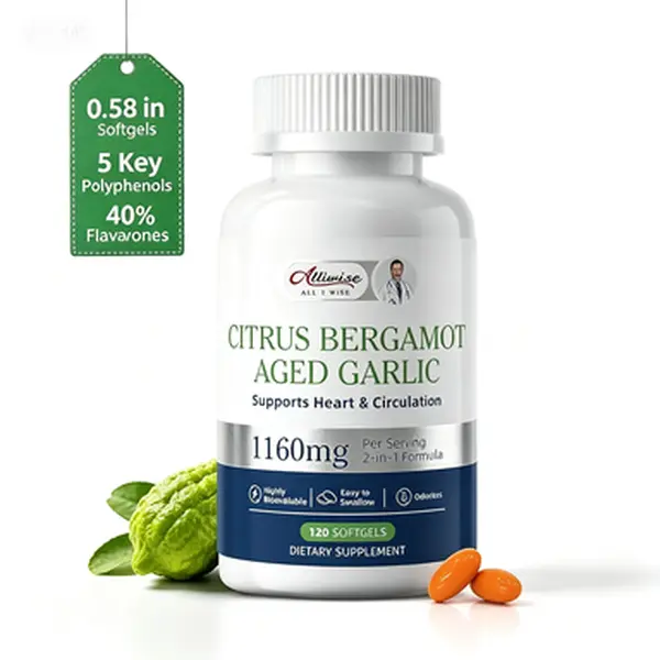 Alliwise Citrus Bergamot with Aged Black Garlic Extract Softgels, 1160mg Cholesterol Support Supplement, 80% Polyphenols Bergamot Supplement for Heart, Circulation & Metabolic Health, Odorless, 120 Softgels, 60 Day Supply