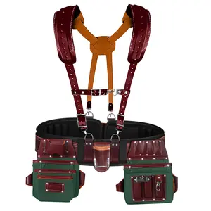 FUERI Heavy Duty Tool Belt for Men 26 Pockets Green & Maroon Nylon Leather Organizer Carpenter Construction Electrician Framing Belt Bag Pouch