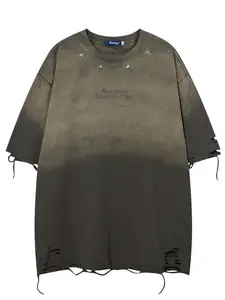 Men's Letter Embroidery Distressed Trim Tee, Loose Casual Fashion Short Sleeve Washed Distressed T-shirt for Summer, Men's Top for Daily Wear