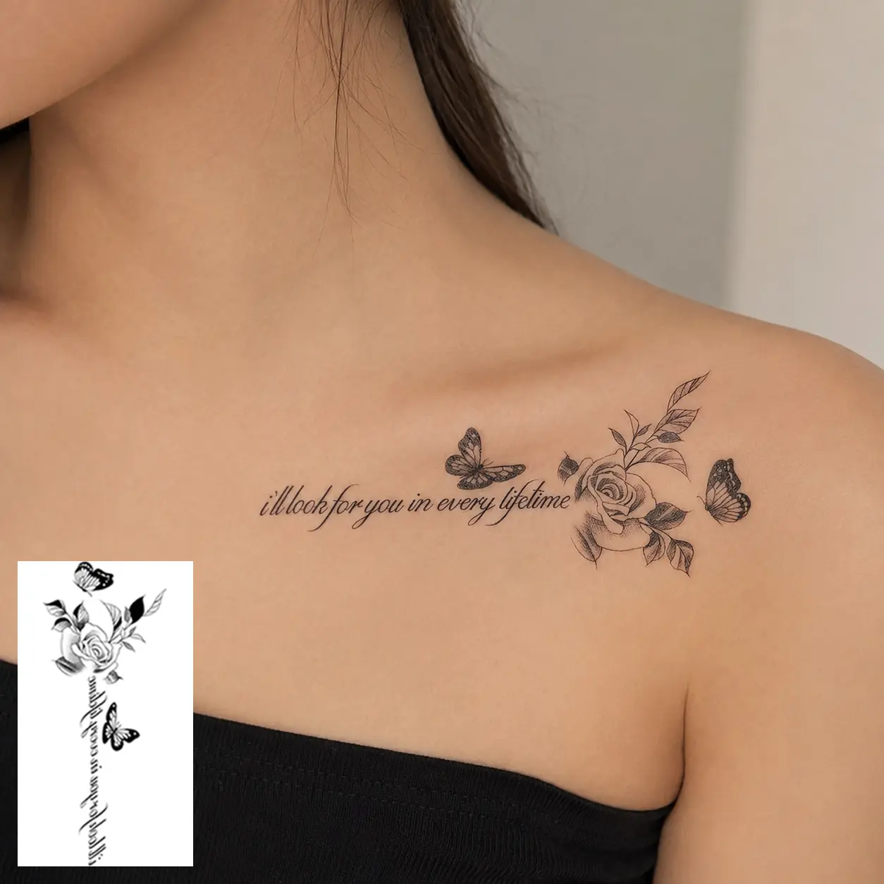 6 sheets temporary tattoos women,Butterfly Flower Font Elements fake tattoos,Containing 2 sheets large tattoos and 4 sheets different patterns,Lasting for 7-15 Days